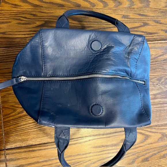 Jonathan Adler purse dark blue leather top handle geometric pattern tote - Picture 6 of 13